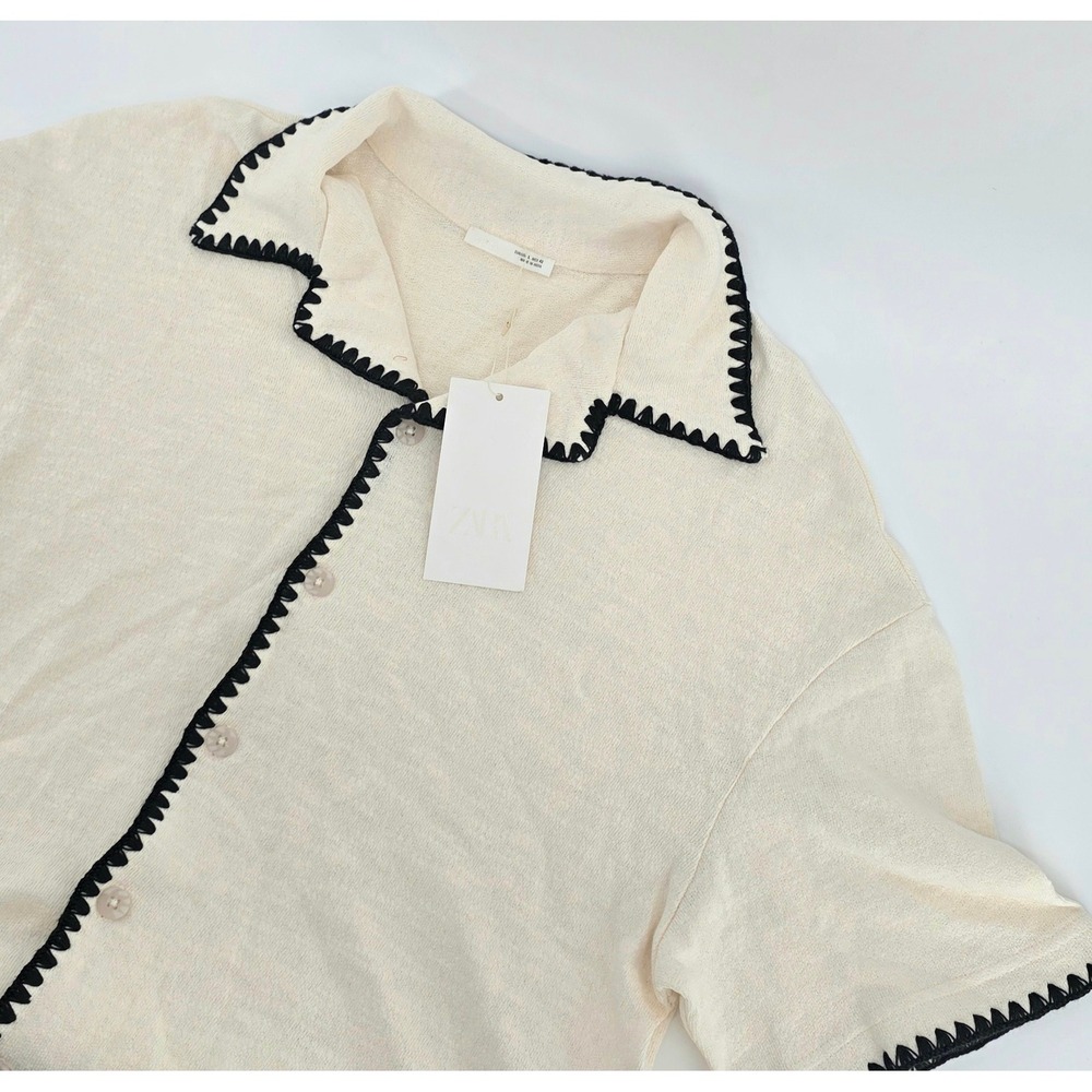 ZARA Retro Short Sleeve Knit Shirt Mens Size Large Ivory Black Crochet Trim NWT